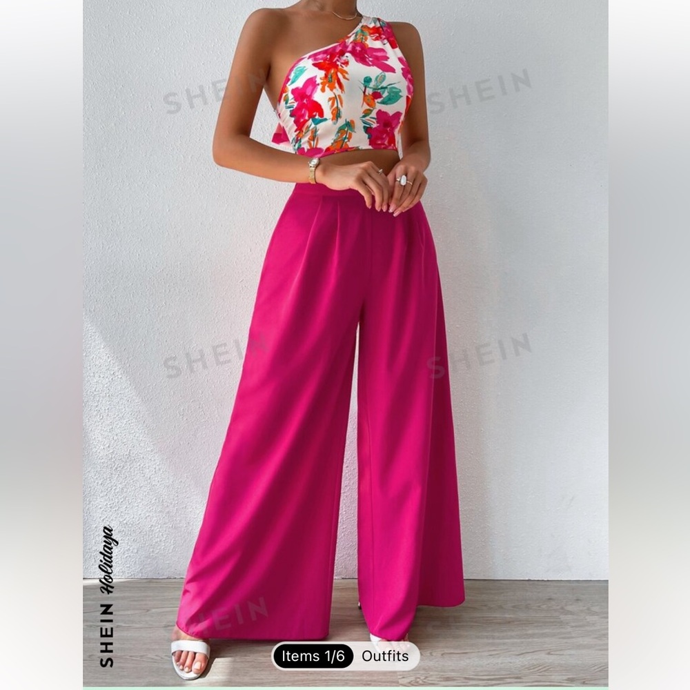 SHEIN Floral Print
One Shoulder Top & Wide Leg Pants Set